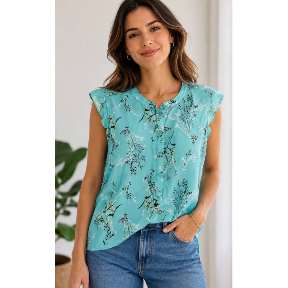 NY&C Blouse Women’s XL Aqua Floral Sleeveless Ruffle Boho Romantic Feminine Top